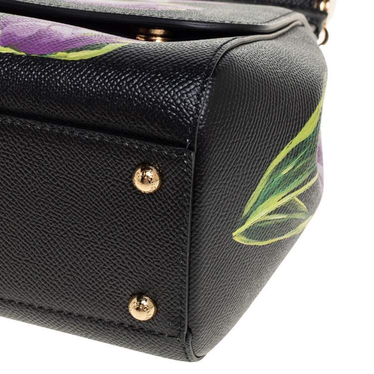Pre Owned Dolce & Gabbana Black Tulip Print Leather Medium Miss Sicily Top Handle Bag