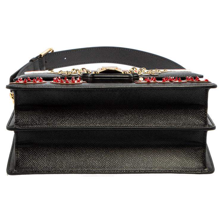 Pre Owned Dolce & Gabbana Black Leather Lucia Embellished Shoulder Bag    