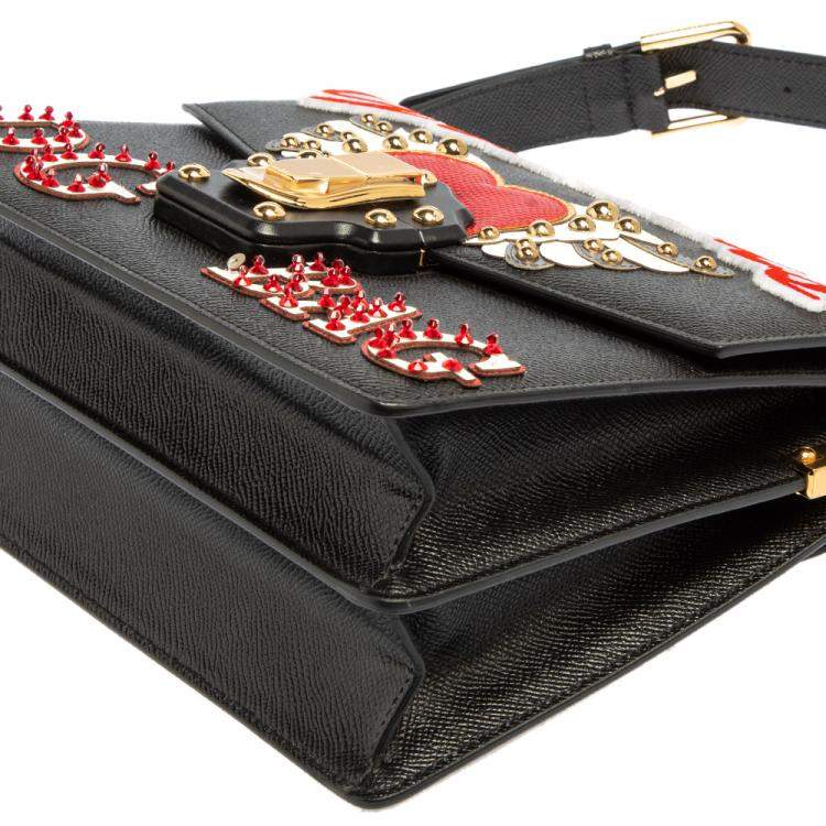 Pre Owned Dolce & Gabbana Black Leather Lucia Embellished Shoulder Bag    