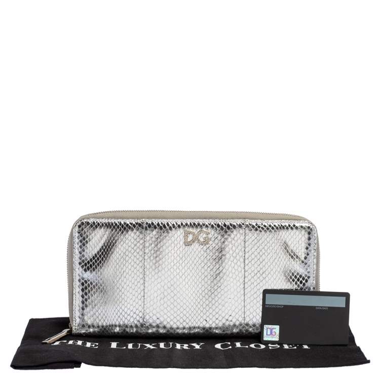 Pre Owned Dolce & Gabbana Silver Python Embossed Leather Zip Around Wallet