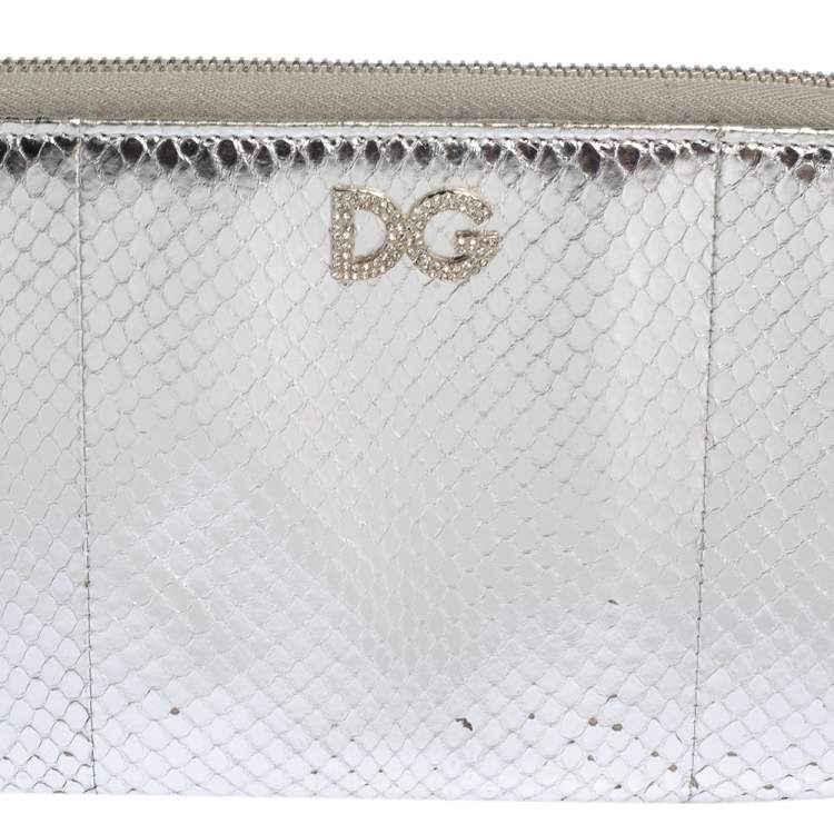 Pre Owned Dolce & Gabbana Silver Python Embossed Leather Zip Around Wallet