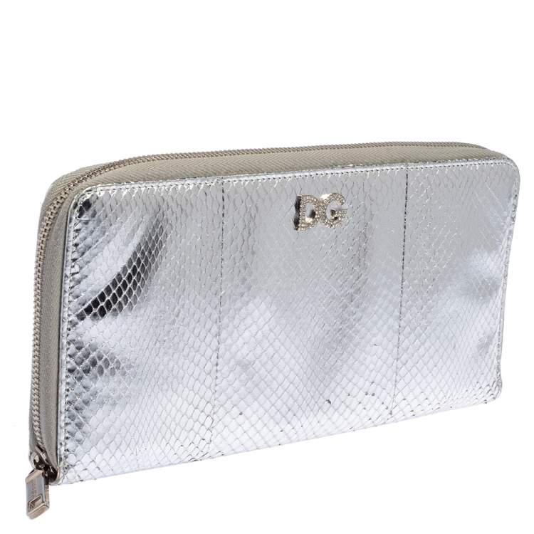 Pre Owned Dolce & Gabbana Silver Python Embossed Leather Zip Around Wallet