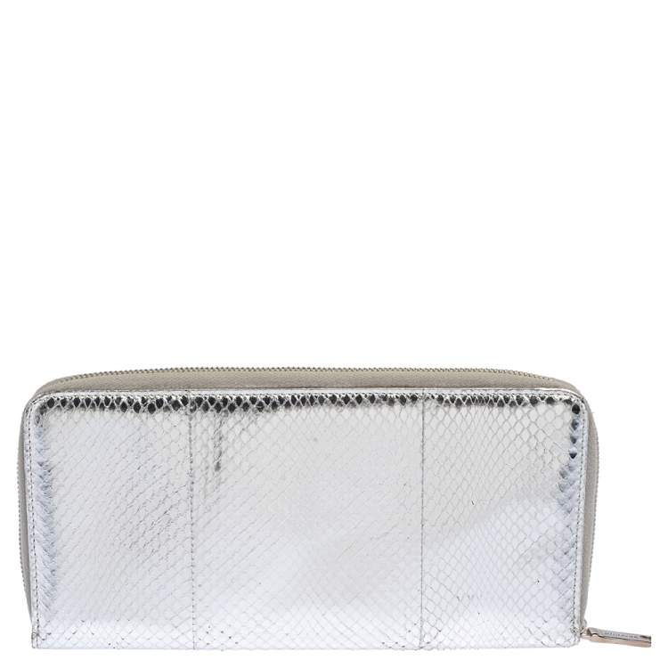 Pre Owned Dolce & Gabbana Silver Python Embossed Leather Zip Around Wallet