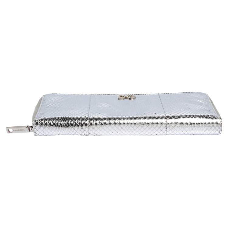 Pre Owned Dolce & Gabbana Silver Python Embossed Leather Zip Around Wallet