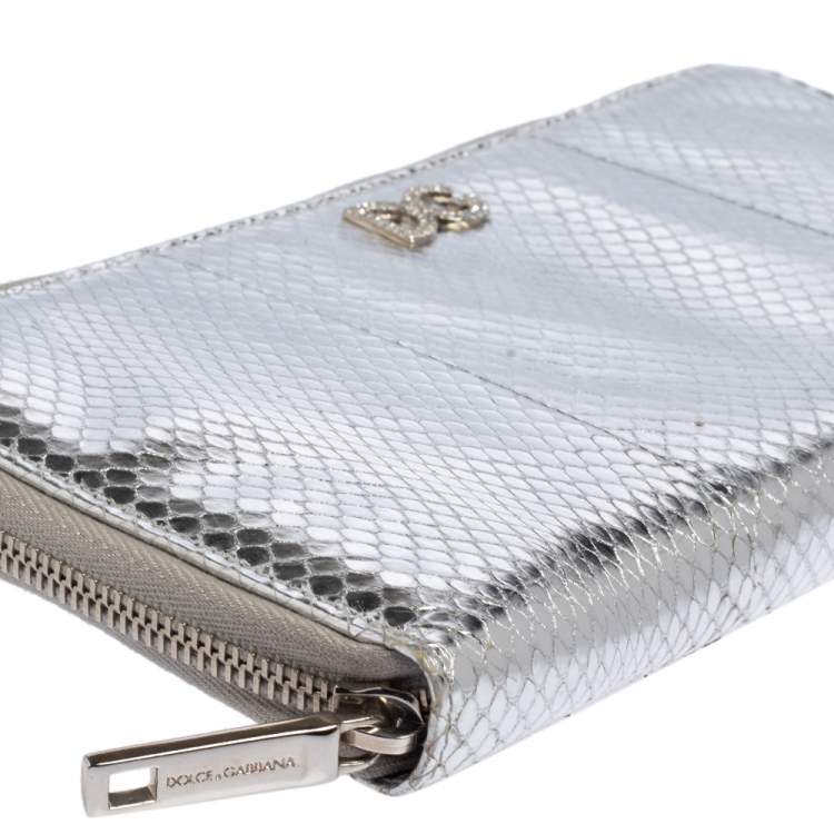 Pre Owned Dolce & Gabbana Silver Python Embossed Leather Zip Around Wallet