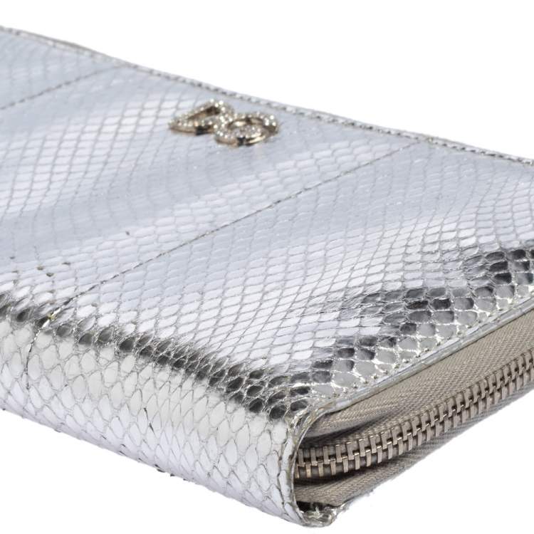 Pre Owned Dolce & Gabbana Silver Python Embossed Leather Zip Around Wallet