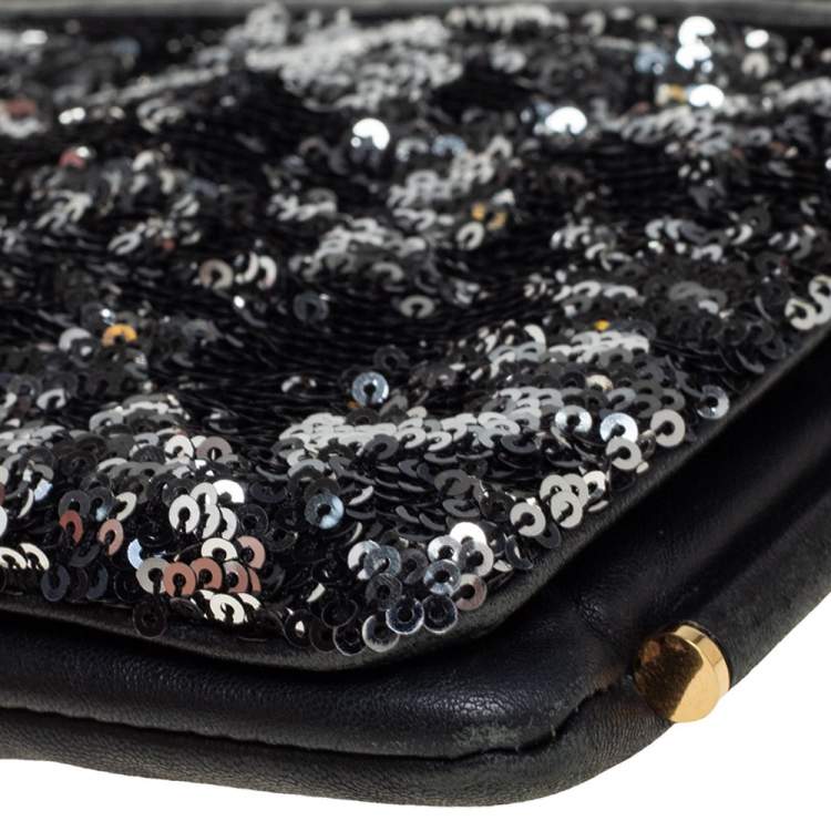 Pre Owned Dolce & Gabbana Black Leather and Sequins iPad Crossbody Bag