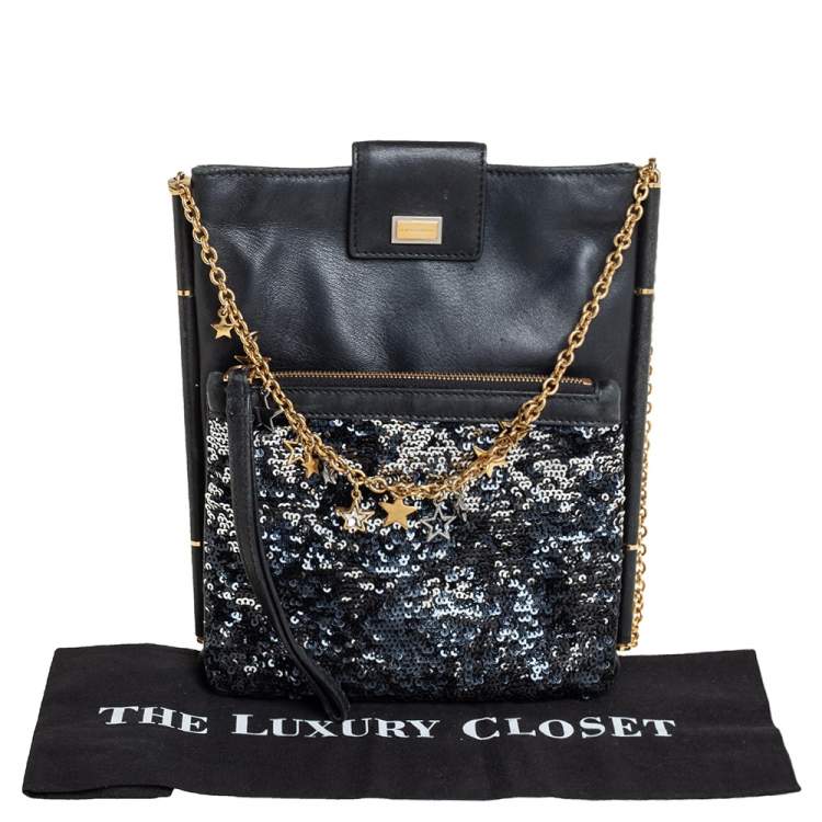 Pre Owned Dolce & Gabbana Black Leather and Sequins iPad Crossbody Bag