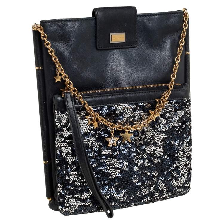 Pre Owned Dolce & Gabbana Black Leather and Sequins iPad Crossbody Bag