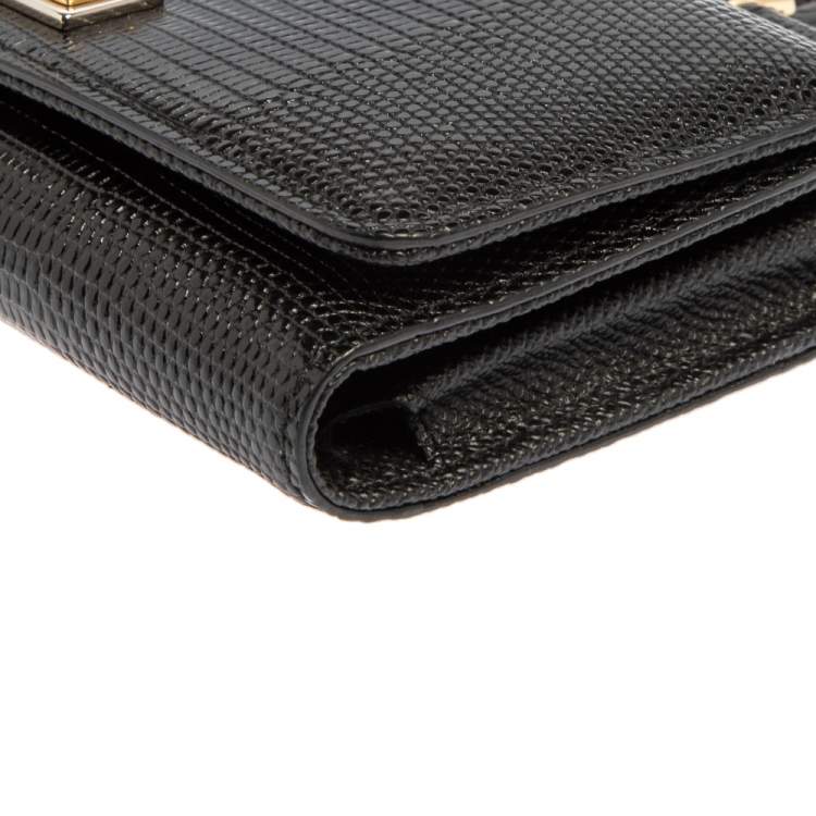 Pre Owned Dolce & Gabbana Black Lizard Embossed Leather Sicily Von Wallet on Chain