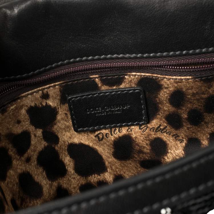 Pre Owned Dolce & Gabbana Black/Silver Sequins and Astrakhan Fur Large Miss Sicily Top Handle Bag