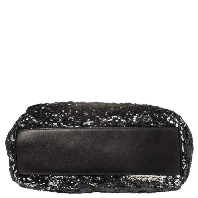 Pre Owned Dolce & Gabbana Black/Silver Sequins and Astrakhan Fur Large Miss Sicily Top Handle Bag