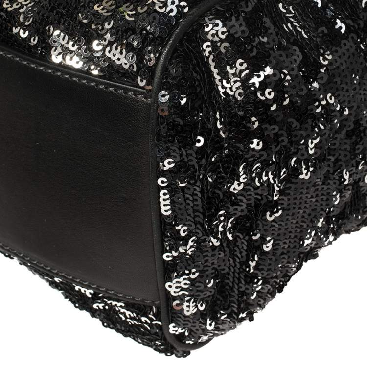 Pre Owned Dolce & Gabbana Black/Silver Sequins and Astrakhan Fur Large Miss Sicily Top Handle Bag