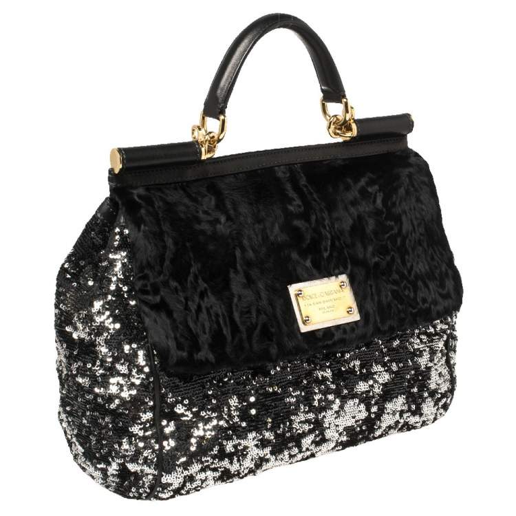 Pre Owned Dolce & Gabbana Black/Silver Sequins and Astrakhan Fur Large Miss Sicily Top Handle Bag