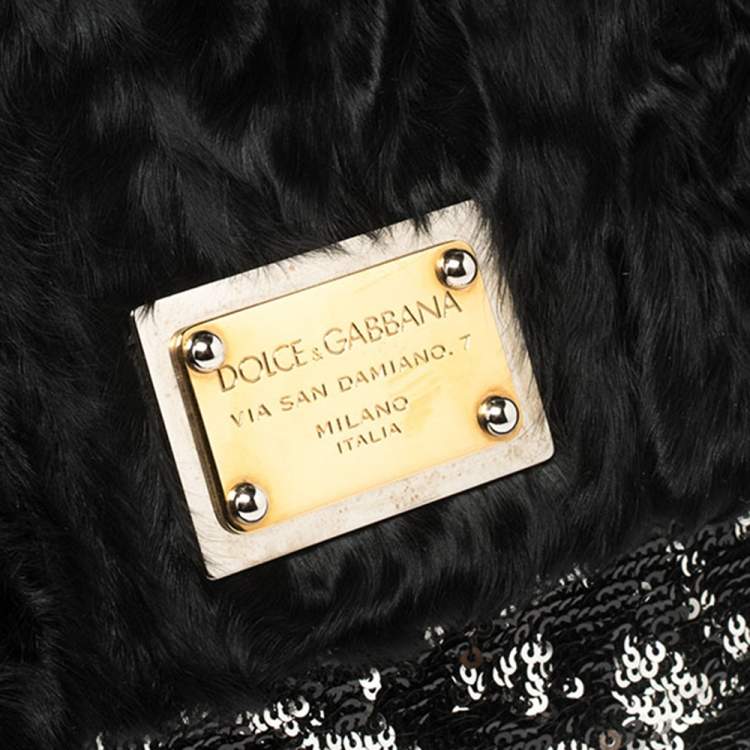 Pre Owned Dolce & Gabbana Black/Silver Sequins and Astrakhan Fur Large Miss Sicily Top Handle Bag