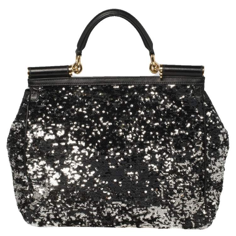 Pre Owned Dolce & Gabbana Black/Silver Sequins and Astrakhan Fur Large Miss Sicily Top Handle Bag