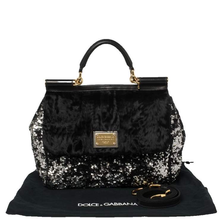 Pre Owned Dolce & Gabbana Black/Silver Sequins and Astrakhan Fur Large Miss Sicily Top Handle Bag