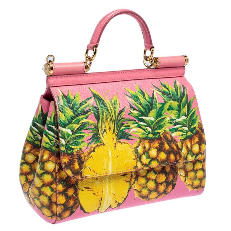 Pre Owned Dolce & Gabbana Pink Pineapple Printed Leather Miss Sicily Top Handle Bag