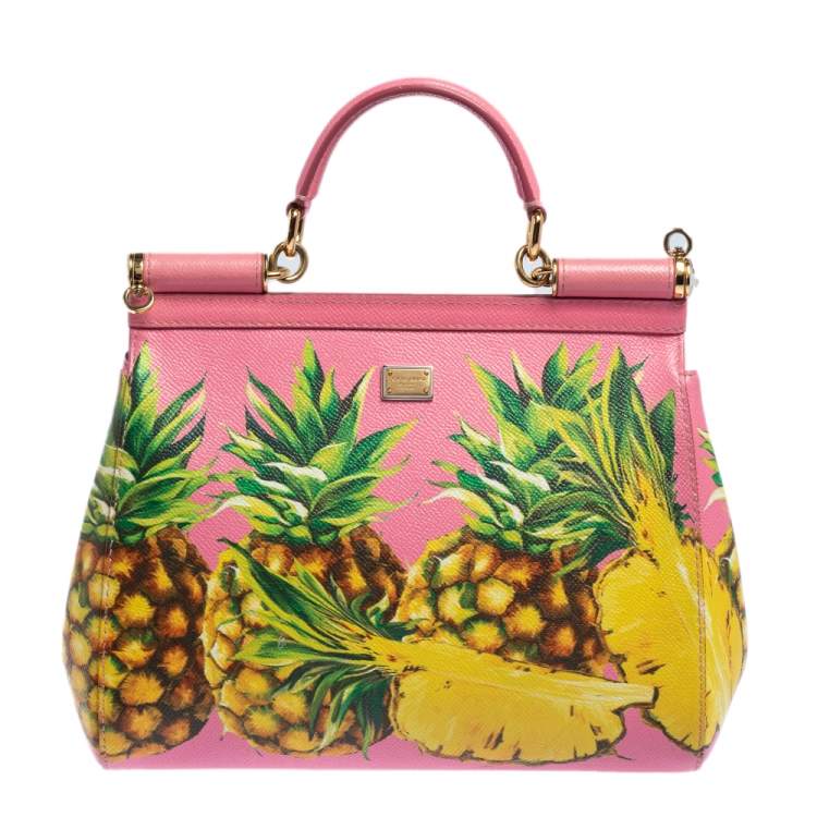 Pre Owned Dolce & Gabbana Pink Pineapple Printed Leather Miss Sicily Top Handle Bag