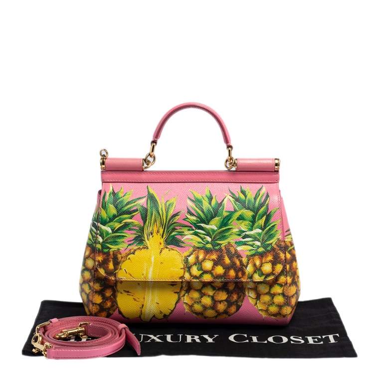 Pre Owned Dolce & Gabbana Pink Pineapple Printed Leather Miss Sicily Top Handle Bag