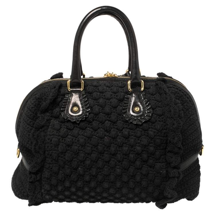 Pre Owned Dolce & Gabbana Black Crochet Fabric and Leather Zip Satchel