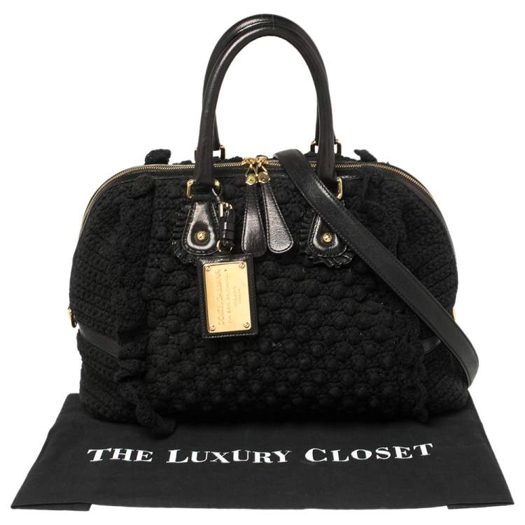 Pre Owned Dolce & Gabbana Black Crochet Fabric and Leather Zip Satchel