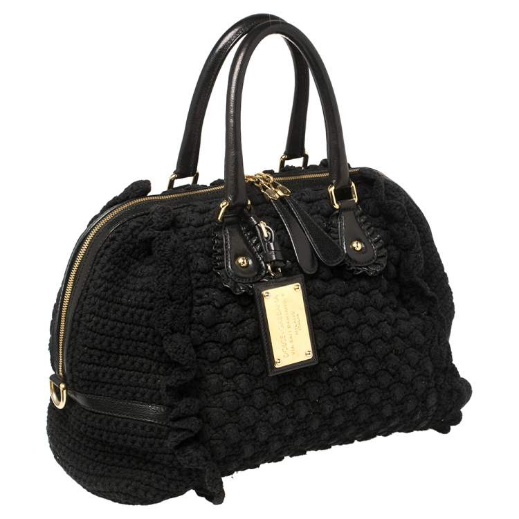 Pre Owned Dolce & Gabbana Black Crochet Fabric and Leather Zip Satchel