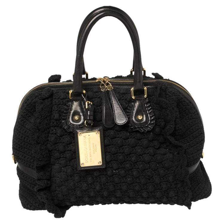 Pre Owned Dolce & Gabbana Black Crochet Fabric and Leather Zip Satchel