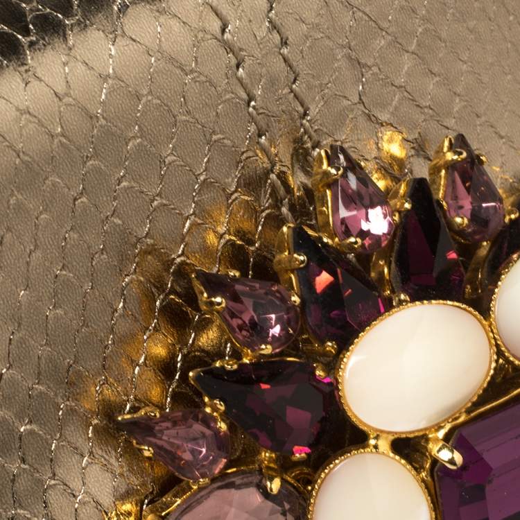 Pre Owned Dolce & Gabbana Gold Snakeskin Crystal Embellished Chain Pouch