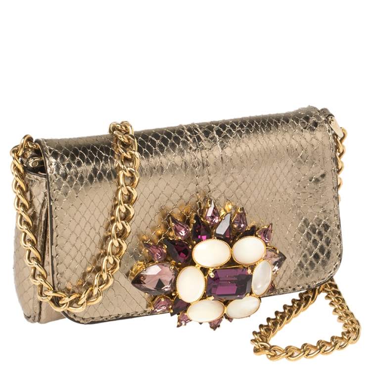 Pre Owned Dolce & Gabbana Gold Snakeskin Crystal Embellished Chain Pouch