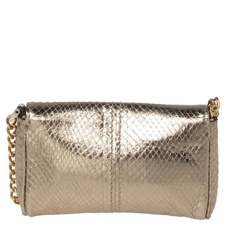 Pre Owned Dolce & Gabbana Gold Snakeskin Crystal Embellished Chain Pouch