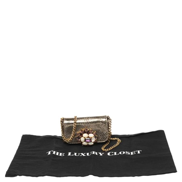 Pre Owned Dolce & Gabbana Gold Snakeskin Crystal Embellished Chain Pouch