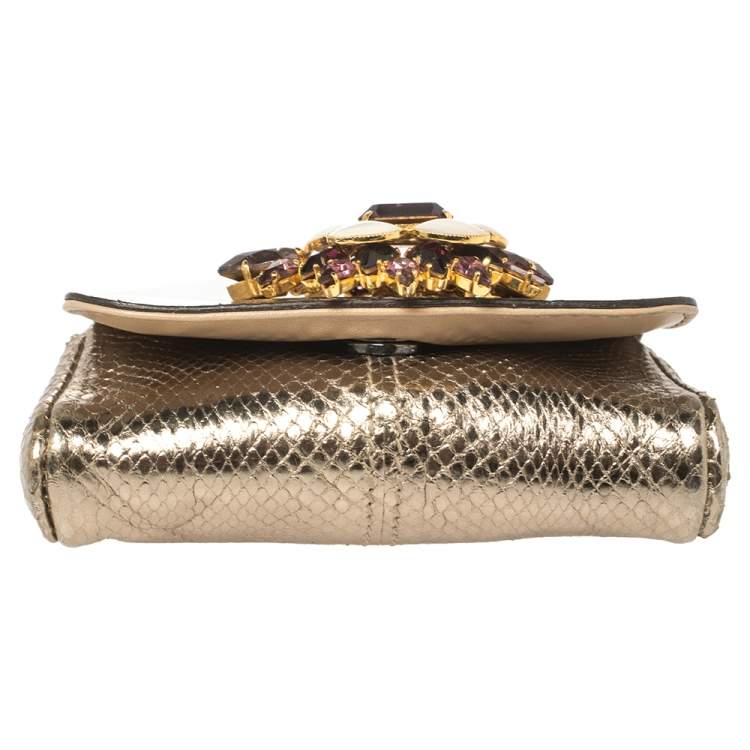 Pre Owned Dolce & Gabbana Gold Snakeskin Crystal Embellished Chain Pouch