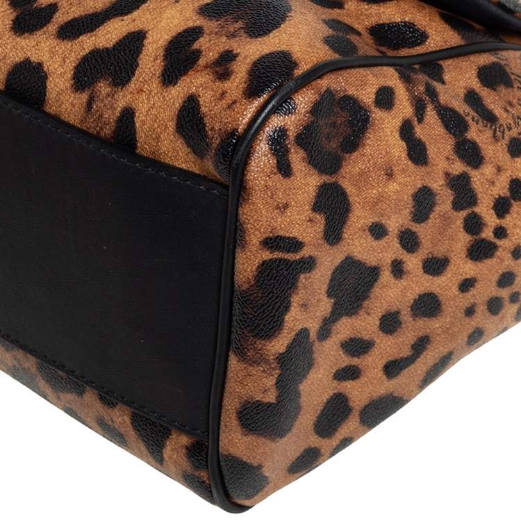 Pre Owned Dolce & Gabbana Black/Brown Leopard Print Coated Canvas Large Miss Sicily Top Handle Bag