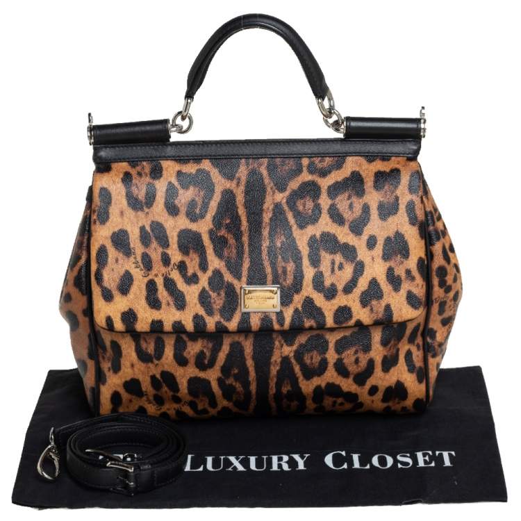 Pre Owned Dolce & Gabbana Black/Brown Leopard Print Coated Canvas Large Miss Sicily Top Handle Bag