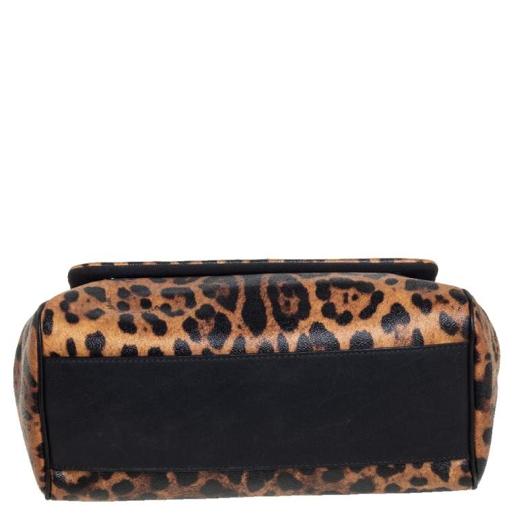Pre Owned Dolce & Gabbana Black/Brown Leopard Print Coated Canvas Large Miss Sicily Top Handle Bag