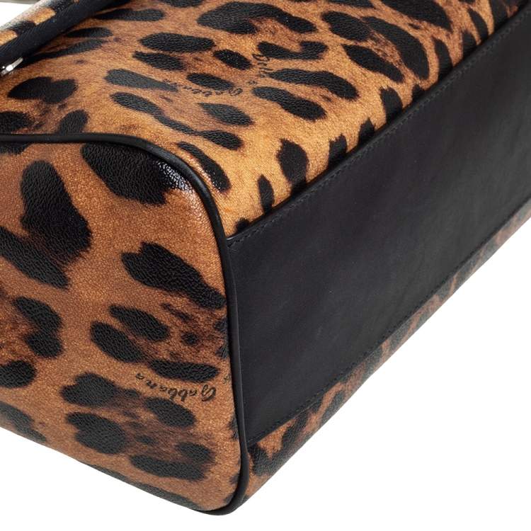Pre Owned Dolce & Gabbana Black/Brown Leopard Print Coated Canvas Large Miss Sicily Top Handle Bag