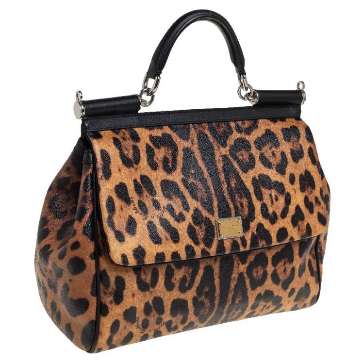 Pre Owned Dolce & Gabbana Black/Brown Leopard Print Coated Canvas Large Miss Sicily Top Handle Bag