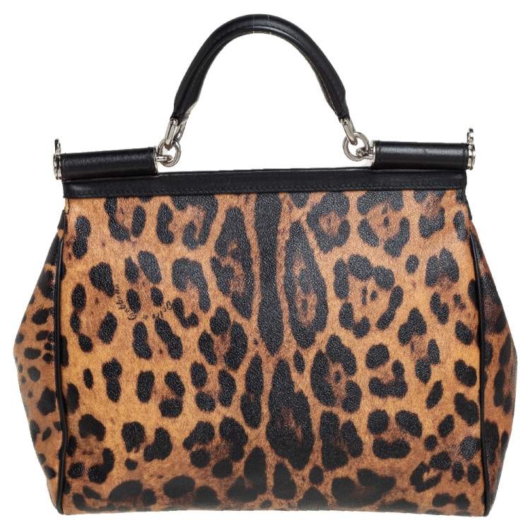 Pre Owned Dolce & Gabbana Black/Brown Leopard Print Coated Canvas Large Miss Sicily Top Handle Bag