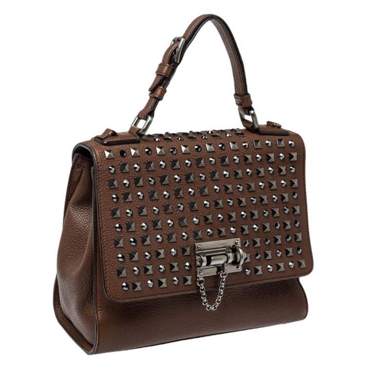 Pre Owned Dolce & Gabbana Brown Leather Medium Monica Studded Top Handle Bag