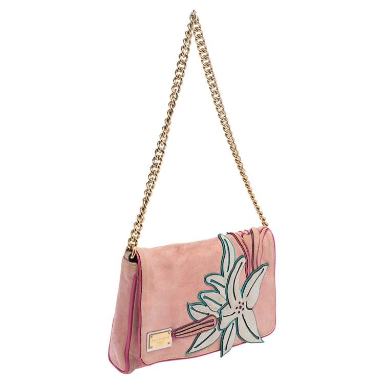 Pre Owned Dolce & Gabbana Pink Suede Flap Chain Crossbody Bag