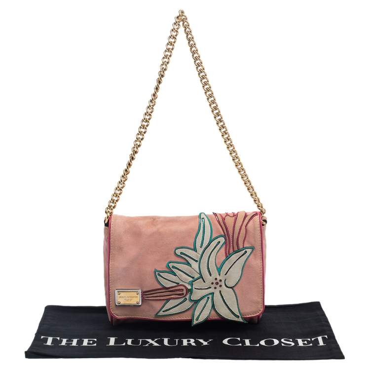 Pre Owned Dolce & Gabbana Pink Suede Flap Chain Crossbody Bag