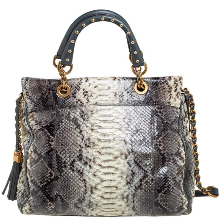 Pre Owned Dolce & Gabbana Grey/Teal Python and Leather Tassel Studded Top Handle Bag