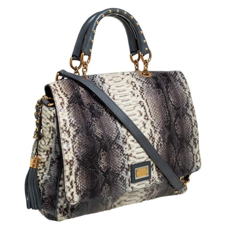 Pre Owned Dolce & Gabbana Grey/Teal Python and Leather Tassel Studded Top Handle Bag