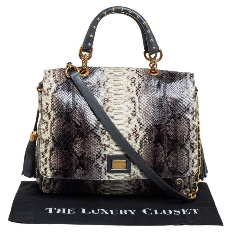 Pre Owned Dolce & Gabbana Grey/Teal Python and Leather Tassel Studded Top Handle Bag