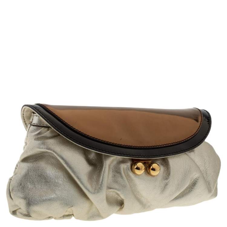 Pre Owned Dolce & Gabbana Gold/Black Patent and Leather Miss Pretty Lock Clutch