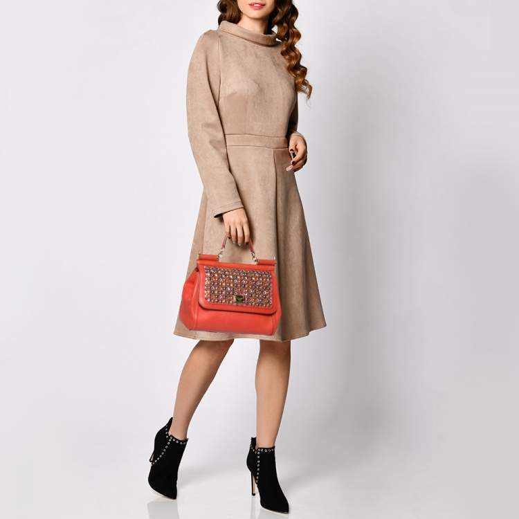 Pre Owned Dolce &Gabbana Orange Leather Embellished Miss Sicily Top Handle Bag