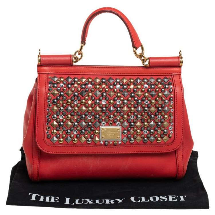 Pre Owned Dolce &Gabbana Orange Leather Embellished Miss Sicily Top Handle Bag