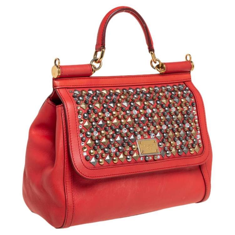 Pre Owned Dolce &Gabbana Orange Leather Embellished Miss Sicily Top Handle Bag