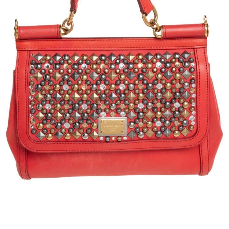 Pre Owned Dolce &Gabbana Orange Leather Embellished Miss Sicily Top Handle Bag